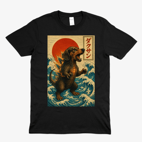 Schwarzes T-Shirt mit Dackel-Motiv Dackzilla im Kaiju-Hokusai-Stil mit roten Sonne und Wellen für Anime-Fans.