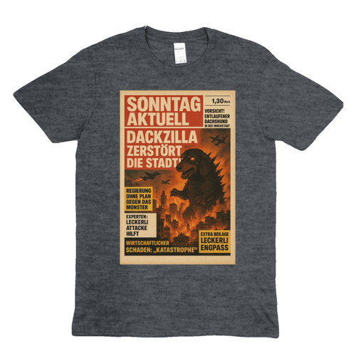 Anthrazites T-Shirt mit Schriftzug Dackzilla-zerstoert-die-Stadt im Retro-Horror-Plakat-Stil fuer Dackel-Liebhaber.