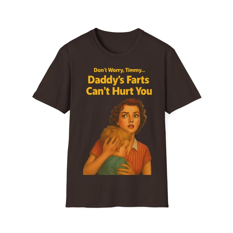 Schwarzes T-Shirt mit Retro Kinderbuch-Satire Motiv einer besorgten Mutter und Kind sowie gelbem Textzug Daddy's Farts Can't Hurt You von True Insights.