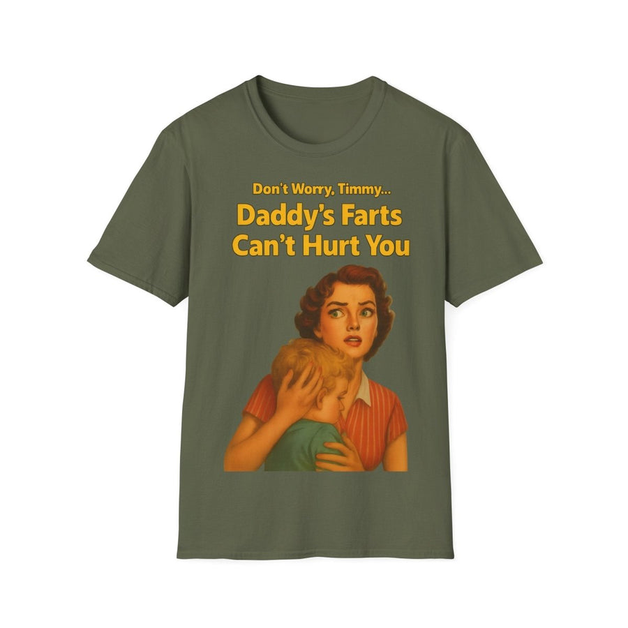 Olivgrünes T-Shirt mit Retro Kinderbuch-Satire zeigt eine besorgte Mutter und Baby mit gelbem Text - Daddy's Farts Can't Hurt You von True Insights.