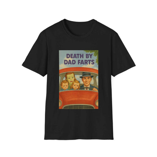 Frontansicht des Retro-Motivs: lächelnder Vater am Steuer und entsetzte Familie auf schokoladenbraunem T-Shirt, True Insights.