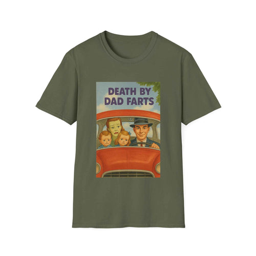 Nahaufnahme eines dunkelbraunen T‑Shirts in Frontansicht mit Retro-Motiv „Death by Dad Farts“, True Insights.