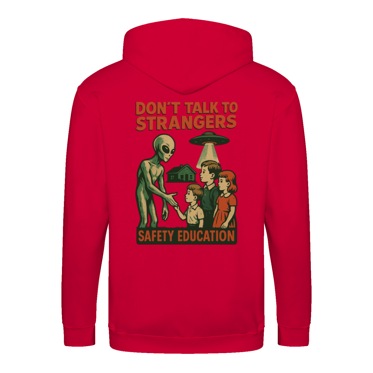 Don’t Talk to Strangers Zip Hoodie | Satirisches Alien-Motiv im Retro-Stil | Warnung im 50s Design 📝 Meta-Beschreibung:-Zip Hoodie-True Insights