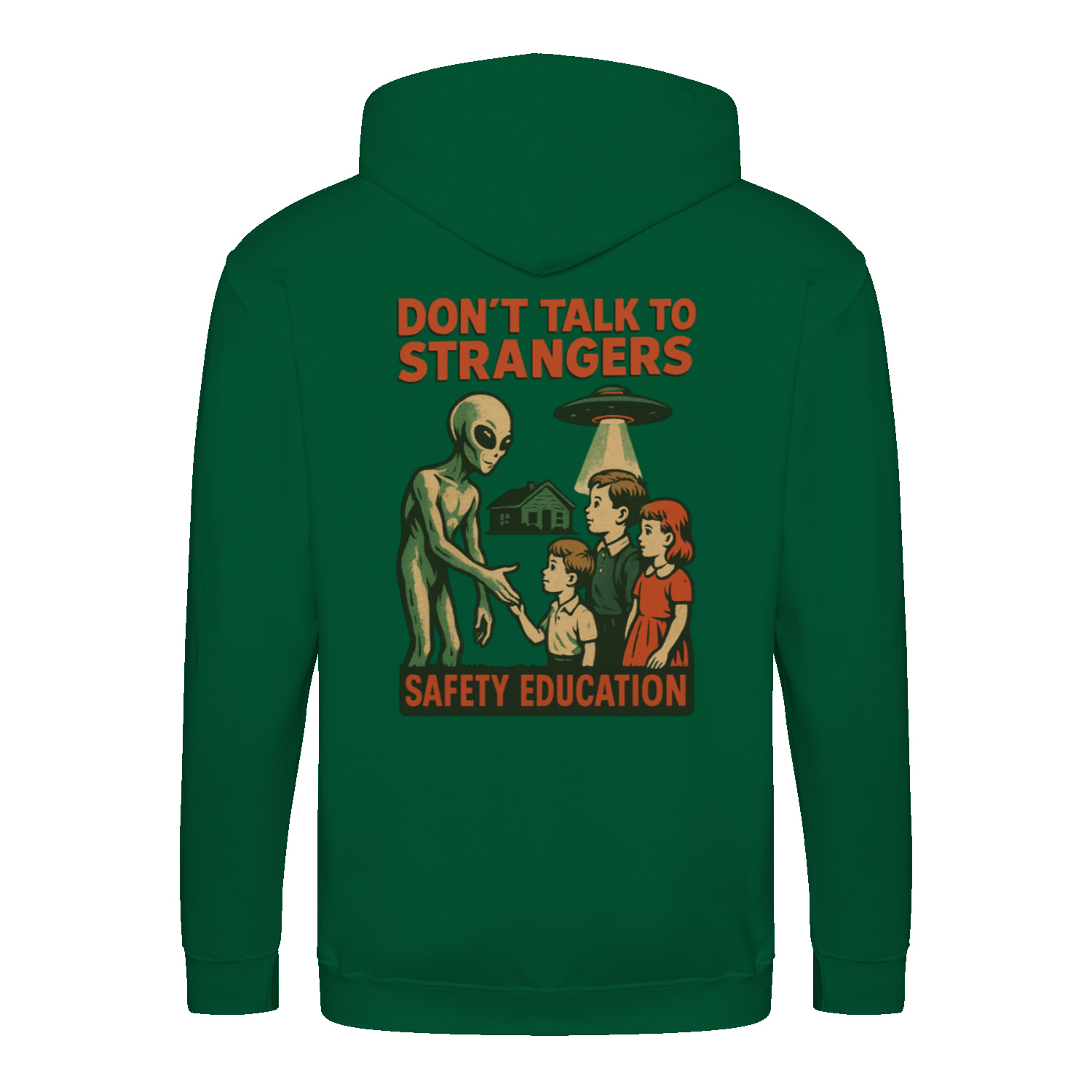 Don’t Talk to Strangers Zip Hoodie | Satirisches Alien-Motiv im Retro-Stil | Warnung im 50s Design 📝 Meta-Beschreibung:-Zip Hoodie-True Insights