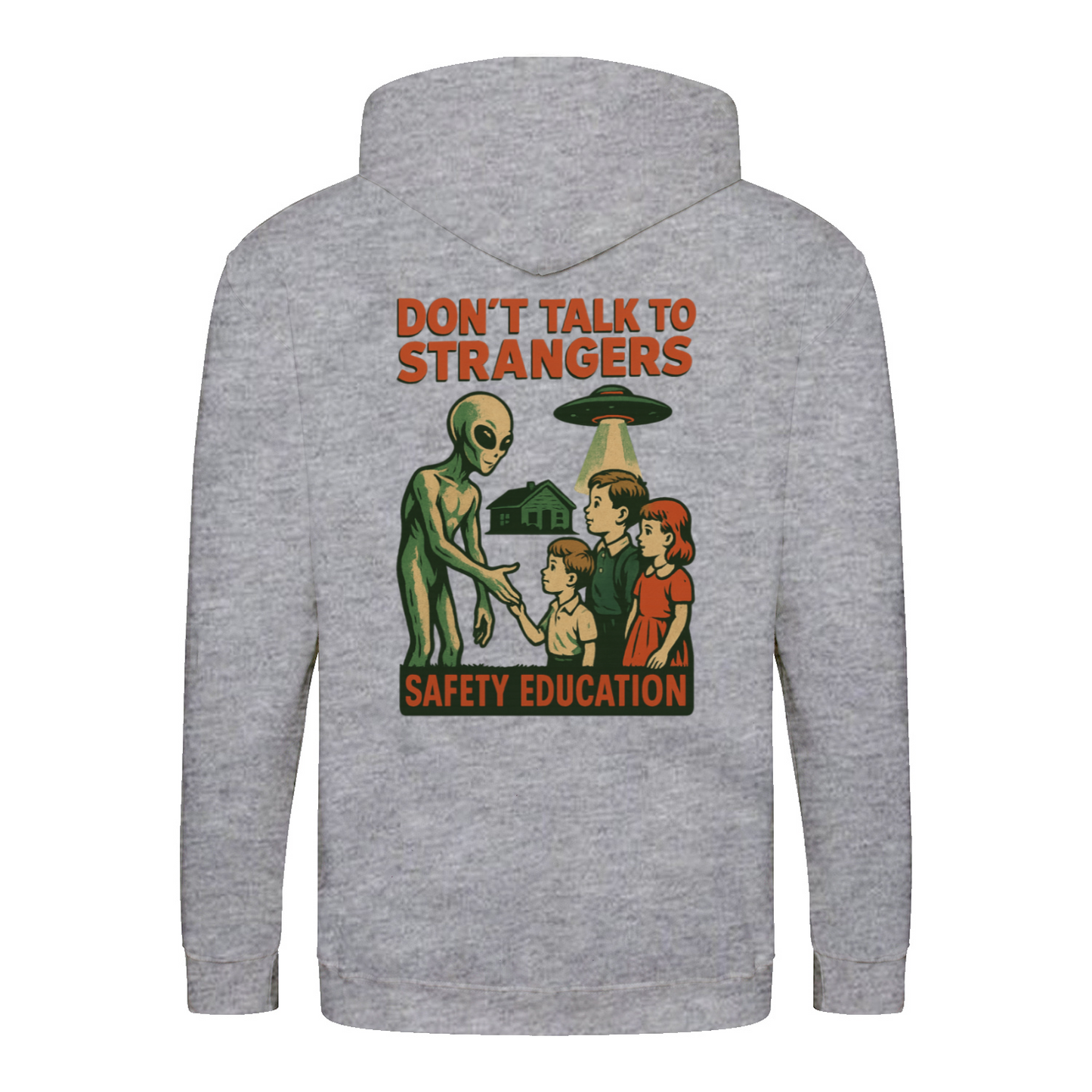 Don’t Talk to Strangers Zip Hoodie | Satirisches Alien-Motiv im Retro-Stil | Warnung im 50s Design 📝 Meta-Beschreibung:-Zip Hoodie-True Insights