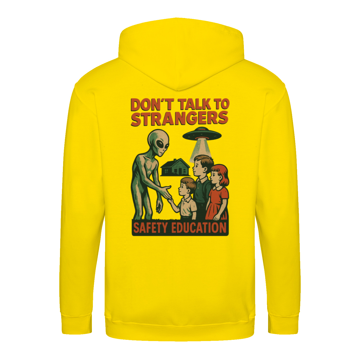 Don’t Talk to Strangers Zip Hoodie | Satirisches Alien-Motiv im Retro-Stil | Warnung im 50s Design 📝 Meta-Beschreibung:-Zip Hoodie-True Insights