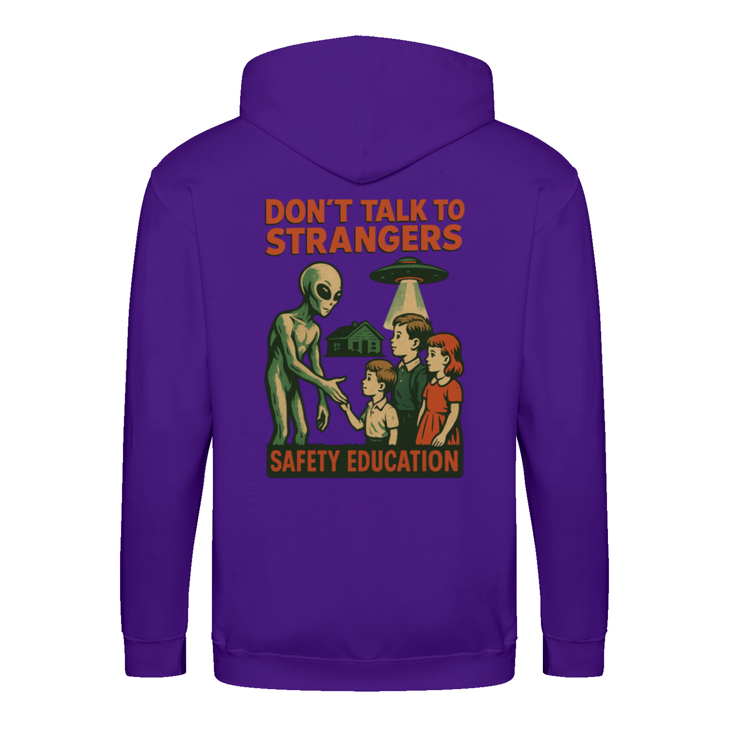 Don’t Talk to Strangers Zip Hoodie | Satirisches Alien-Motiv im Retro-Stil | Warnung im 50s Design 📝 Meta-Beschreibung:-Zip Hoodie-True Insights