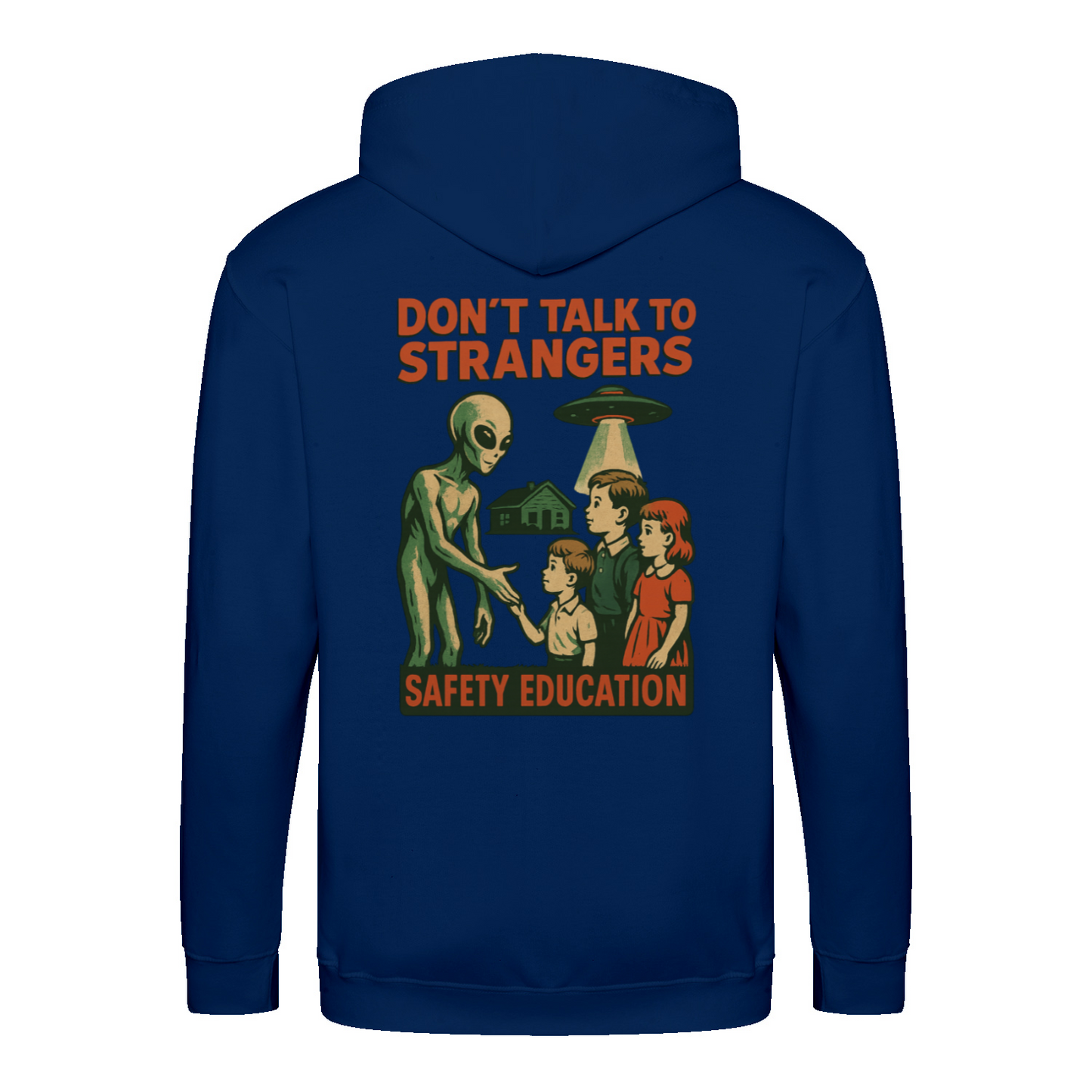 Don’t Talk to Strangers Zip Hoodie | Satirisches Alien-Motiv im Retro-Stil | Warnung im 50s Design 📝 Meta-Beschreibung:-Zip Hoodie-True Insights