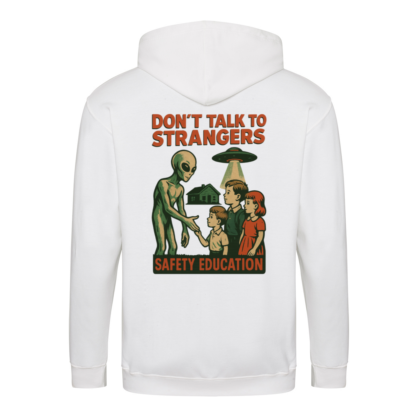 Don’t Talk to Strangers Zip Hoodie | Satirisches Alien-Motiv im Retro-Stil | Warnung im 50s Design 📝 Meta-Beschreibung:-Zip Hoodie-True Insights