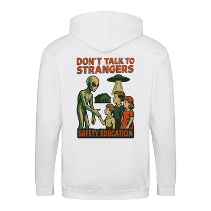 Don’t Talk to Strangers Zip Hoodie | Satirisches Alien-Motiv im Retro-Stil | Warnung im 50s Design 📝 Meta-Beschreibung:-Zip Hoodie-True Insights
