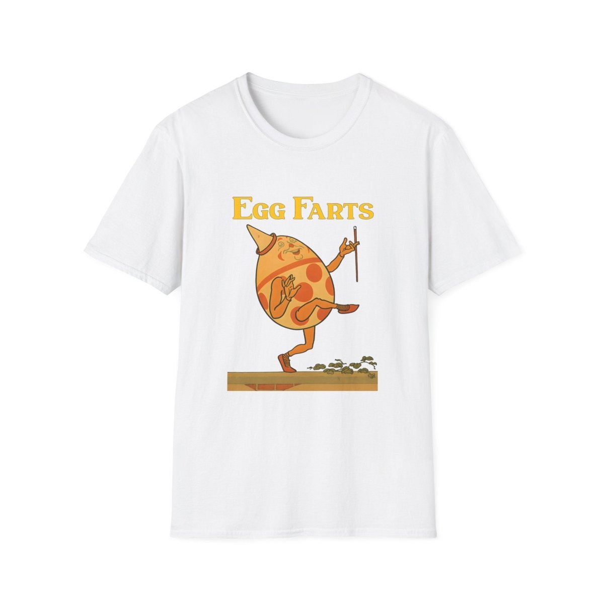 Weißes T-Shirt mit anthropomorphisiertem Ei im Retro Kinderbuch-Satire Stil, das tanzend auf einer Plattform posiert, von True Insights.