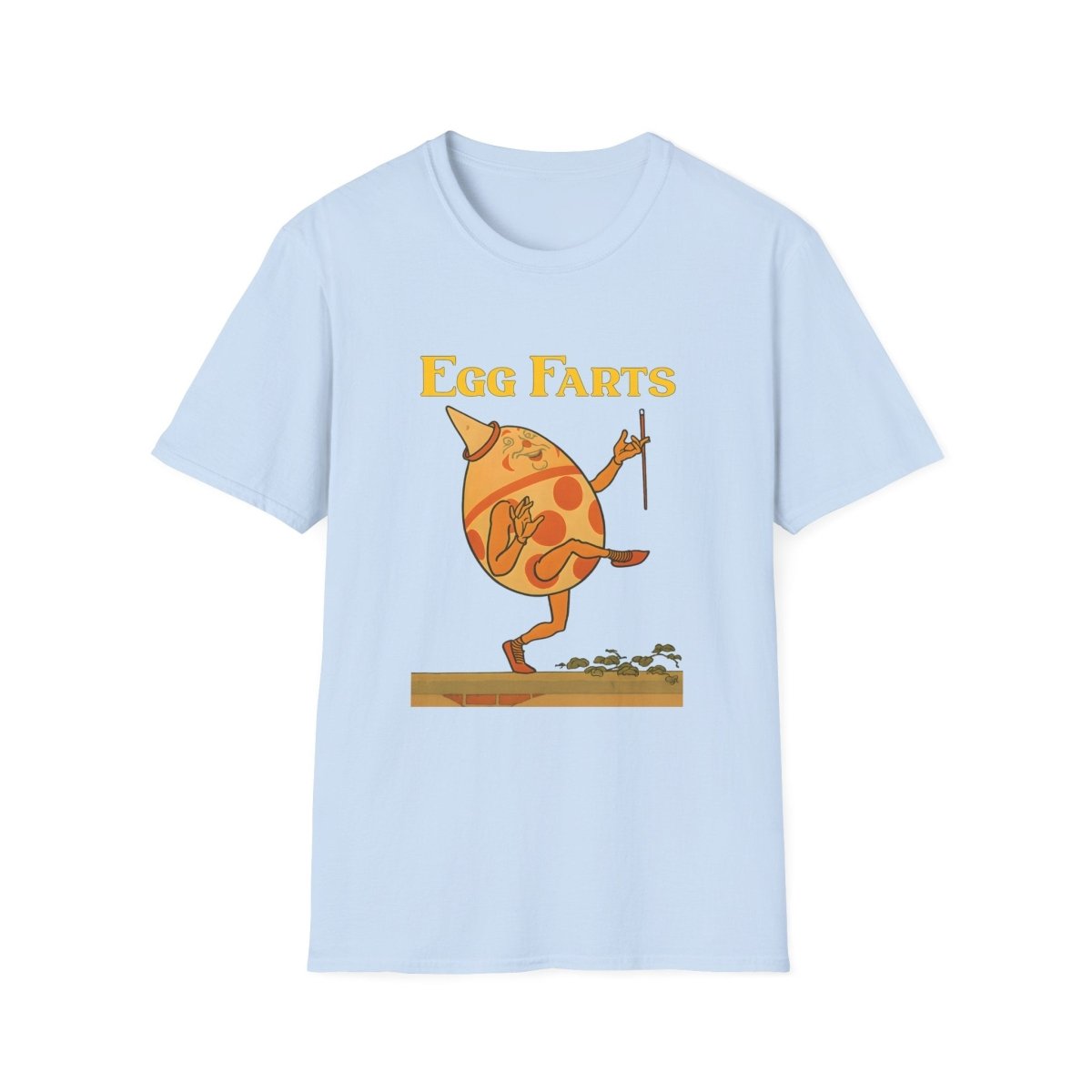 Hellblaues T-Shirt mit anthropomorphem Ei-Charakter im Retro Kinderbuch-Satire Stil, tanzend mit Hut und Stock, Text Egg Farts in Goldlettern, von True Insights.