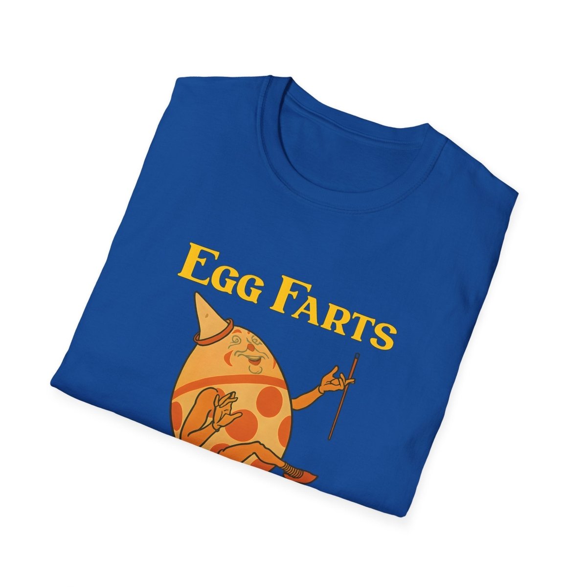 Königsblau Shirt mit surrealem Pizza-Ei-Charakter im Partyhut und gelbem Egg Farts Text im Retro Kinderbuch-Satire Stil von True Insights.
