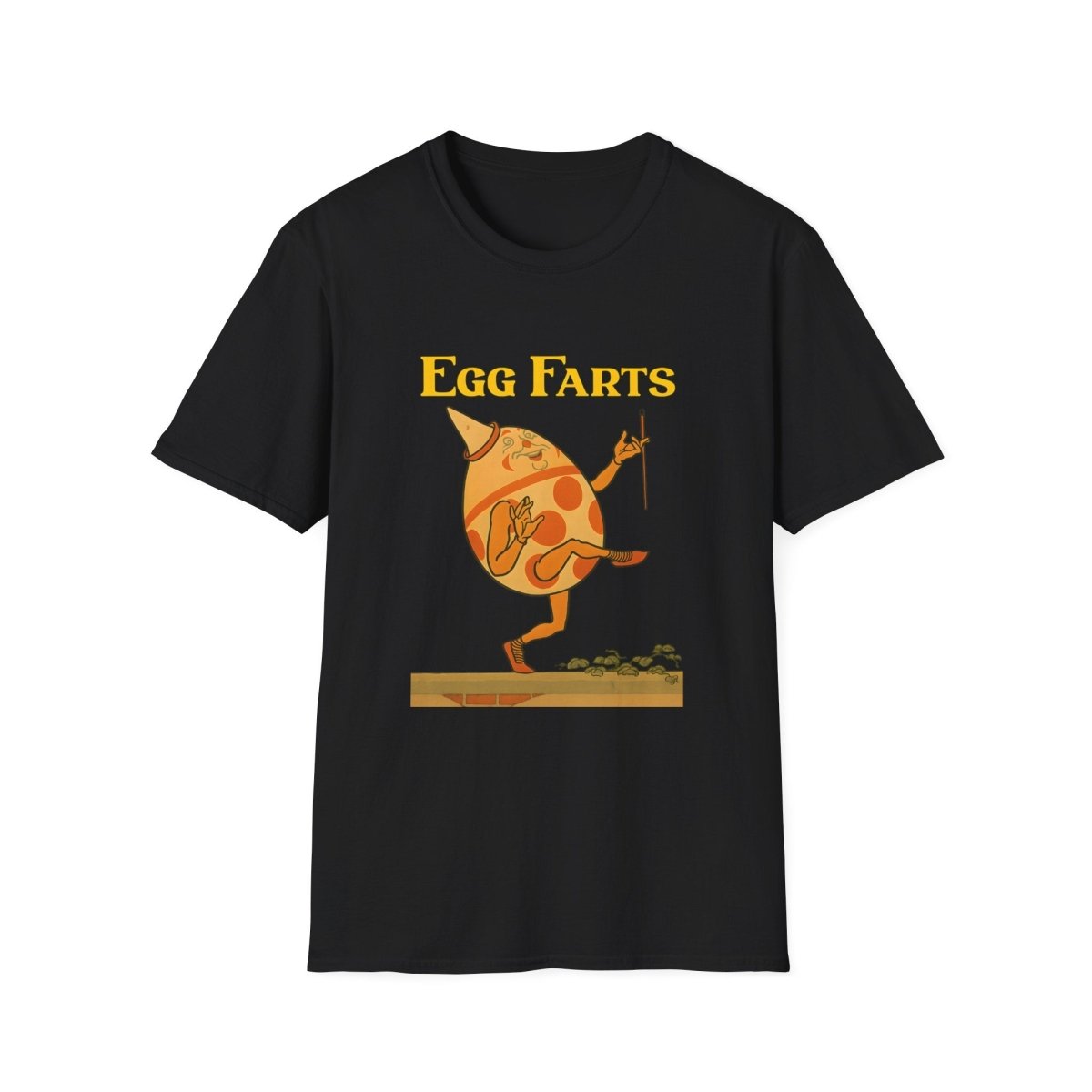 Schwarzes T-Shirt mit anthropomorphem Ei in Retro-Kinderbuch-Satire-Stil, das tanzend auf einem Balken steht, in Gelb und Orange, True Insights.