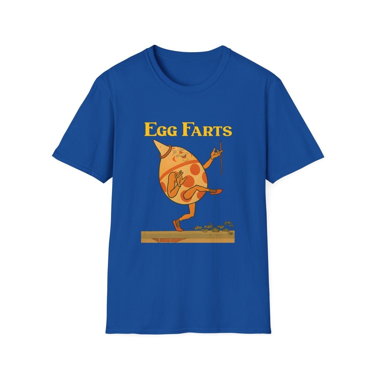 Blaues T-Shirt mit anthropomorphem Ei im Retro Kinderbuch-Satire Stil auf einer Plattform, True Insights.