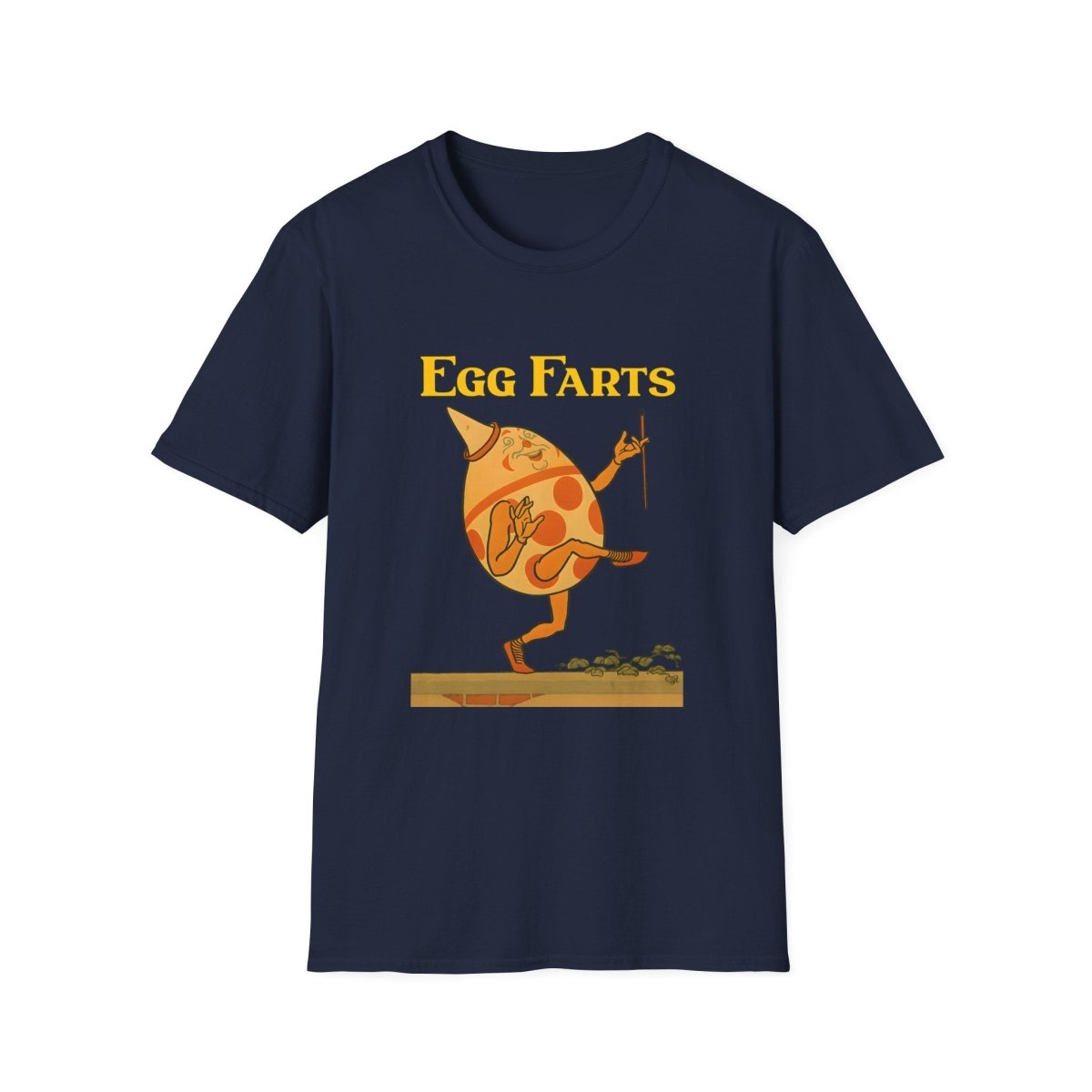 Dunkelblau T-Shirt mit Ei-Charakter in Retro Kinderbuch-Satire, der auf Plattform tanzt, Text Egg Farts in Gelb, von True Insights.