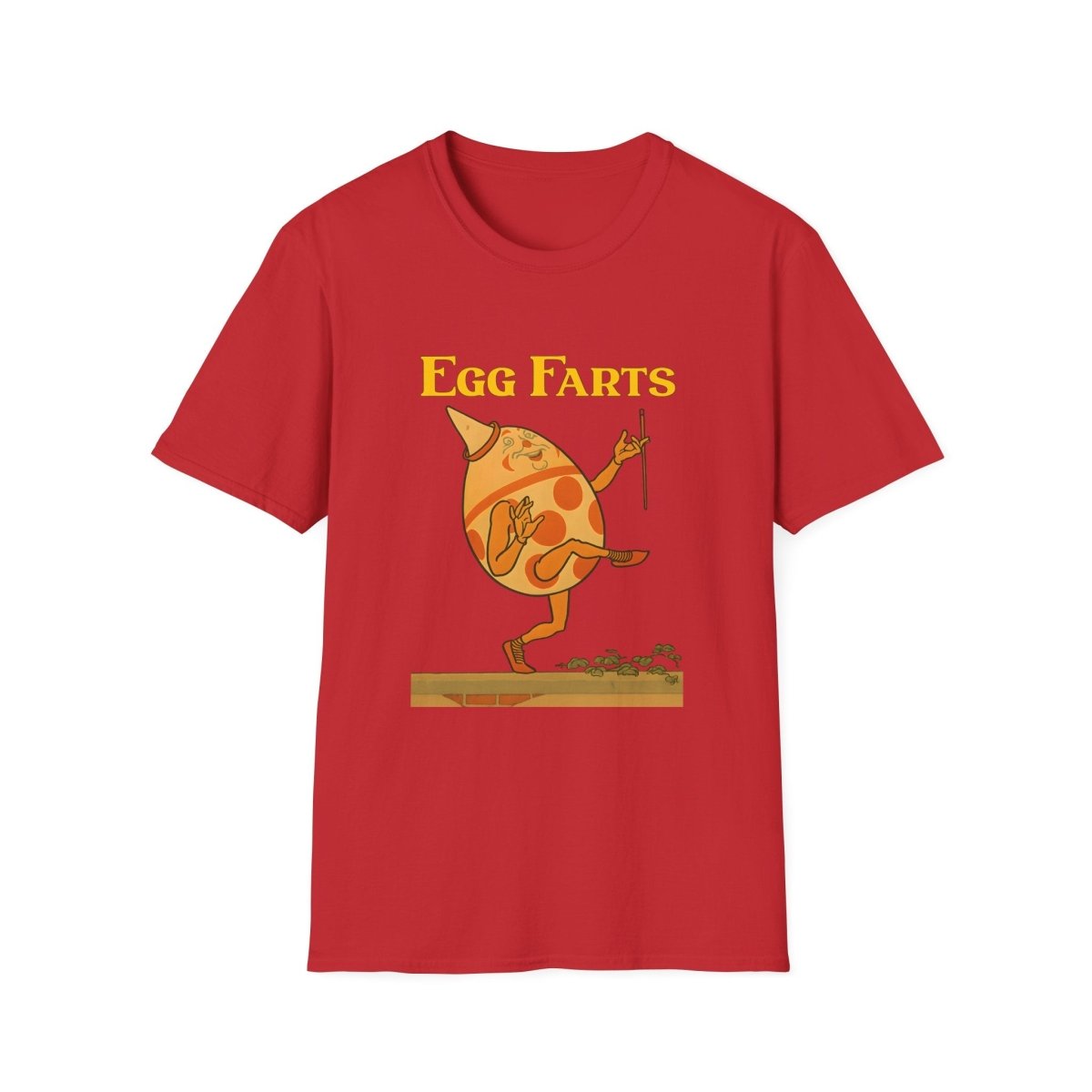 Rotes T-Shirt mit gelbem Text Egg Farts und anthropomorphem Ei-Charakter in Retro Kinderbuch-Satire von True Insights.