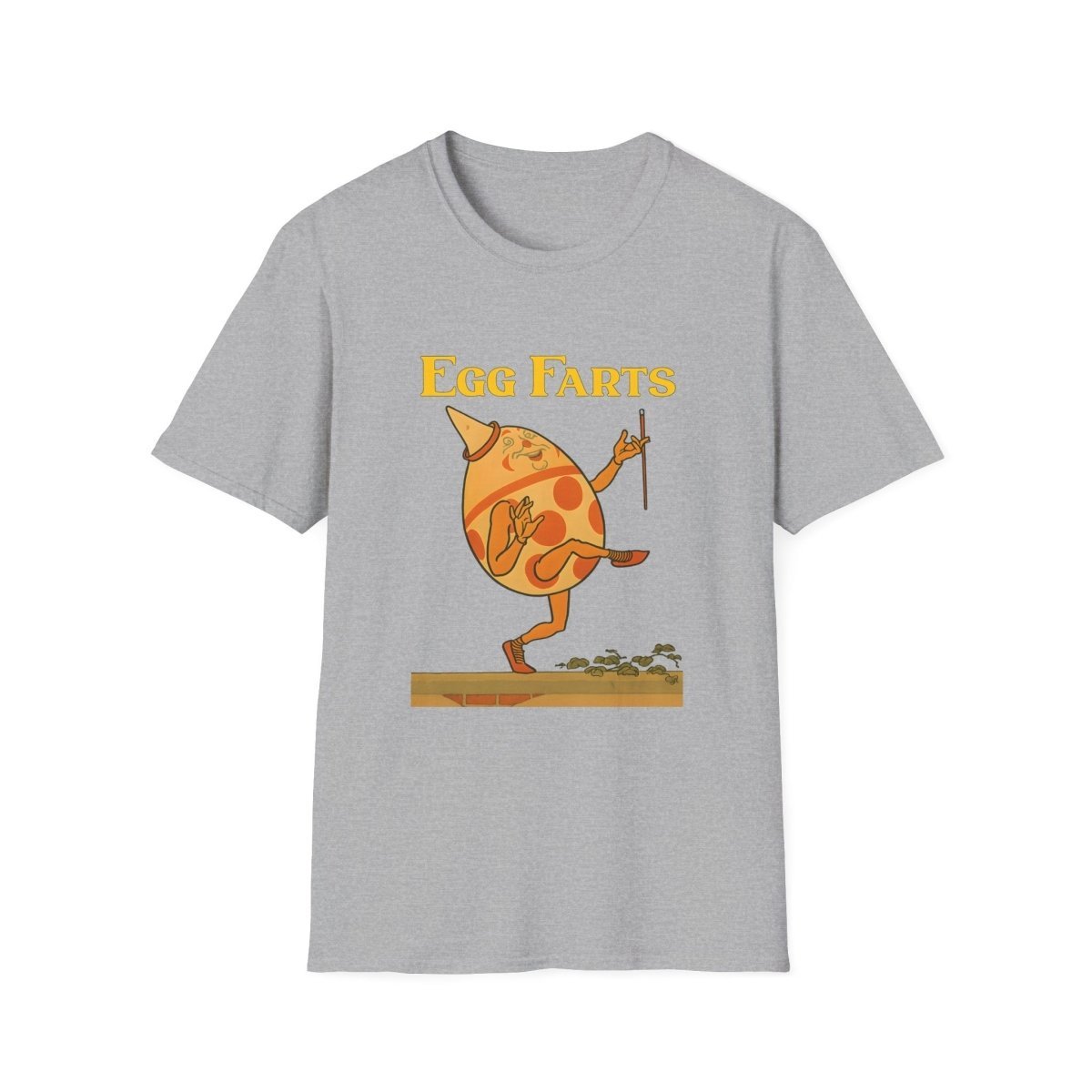 Graues T-Shirt mit anthropomorphem Ei im Zirkus-Kostüm und Retro Kinderbuch-Satire Motiv von True Insights.