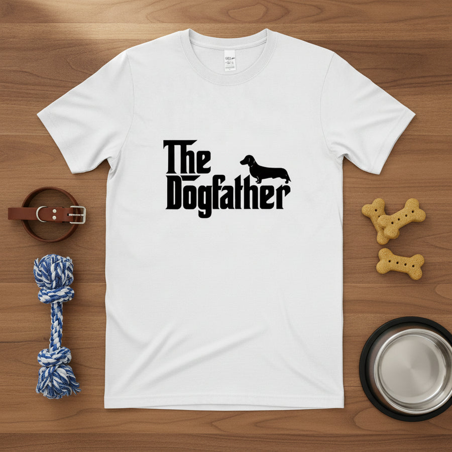 The Dogfather T-Shirt – satirisches Dackel-Motiv – Flatlay