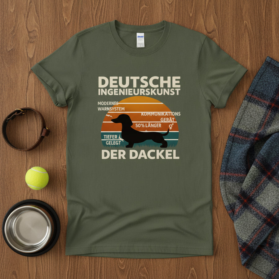 Deutsche Ingenieurskunst Der Dackel T-Shirt – Flatlay