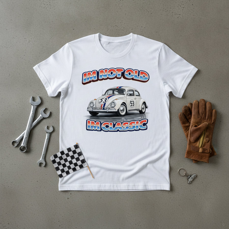 T-Shirt VW Käfer 53 Retro – I'm Not Old I'm Classic – Flatlay
