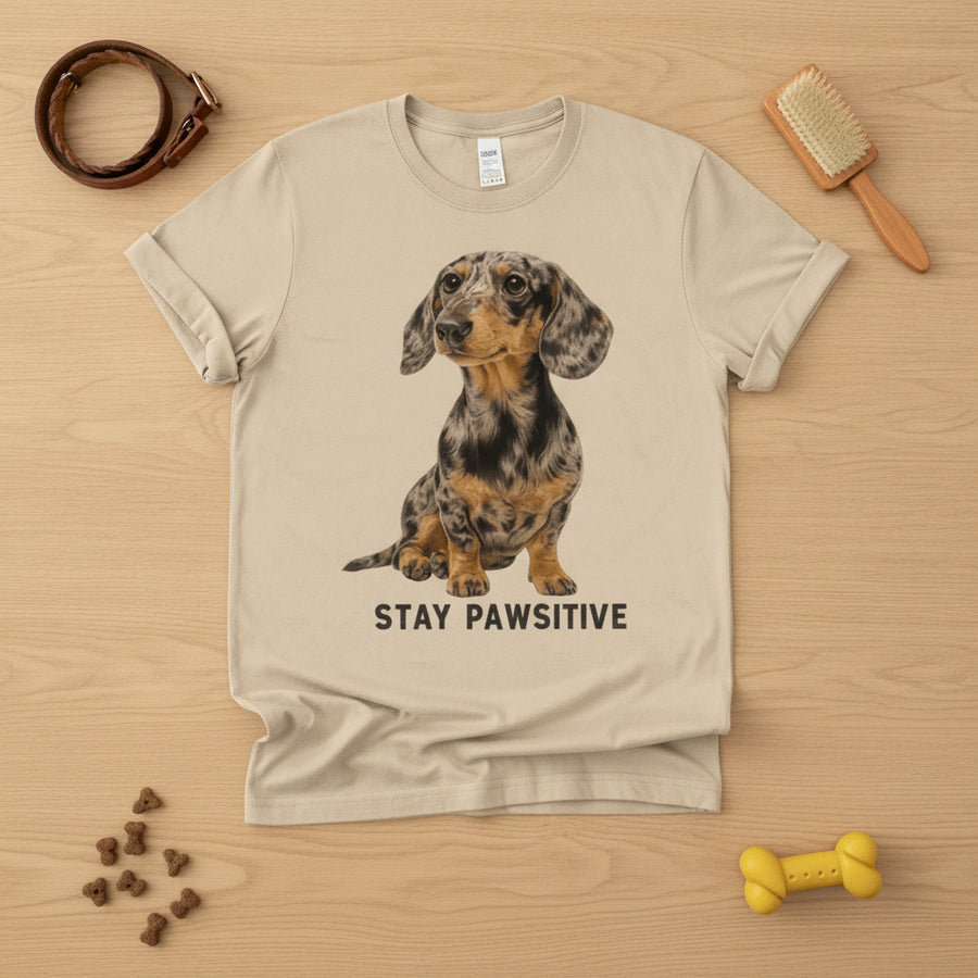 Stay Pawsitive T-Shirt – Dackel-Motiv für gute Laune – Flatlay