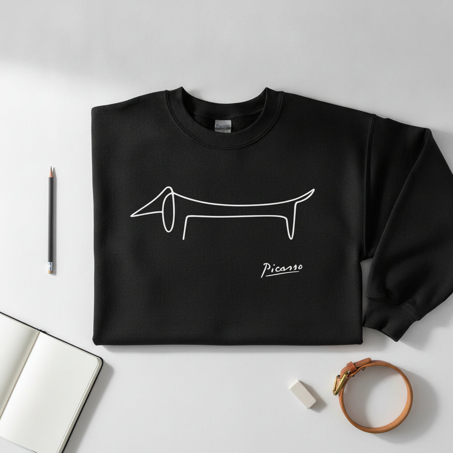 Picasso Dackel Sweatshirt – Minimalistische Line-Art – Flatlay