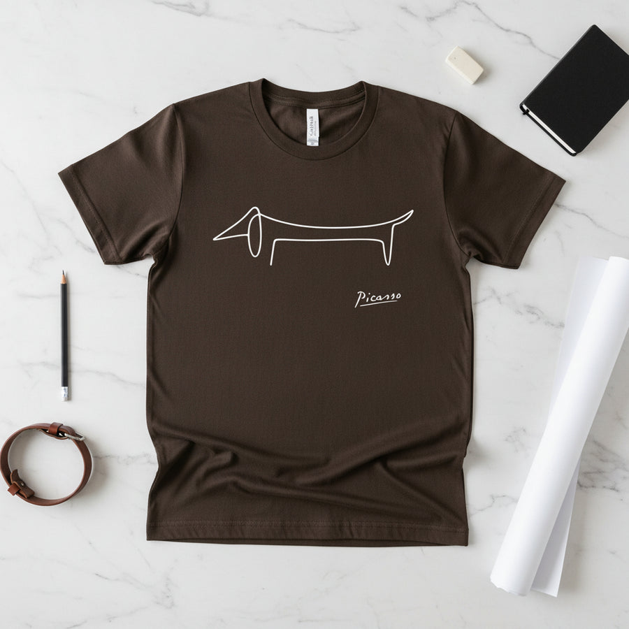 Picasso Dackel T-Shirt – Line-Art Geschenk für Dackel-Besitzer – Flatlay