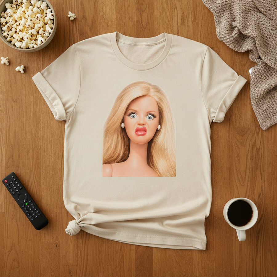 Naturfarbenes T-Shirt mit Porträt einer Frau mit schockiertem Gesichtsausdruck, flach auf Holztisch.
