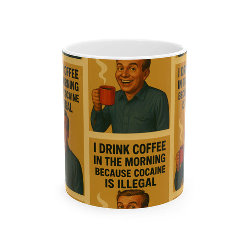 Zeigt eine Keramiktasse mit Retro-Motiv und frechem Morgenslogan in Seitenansicht, präsentiert als Geschenkidee, aus dem Sortiment von True Insights.