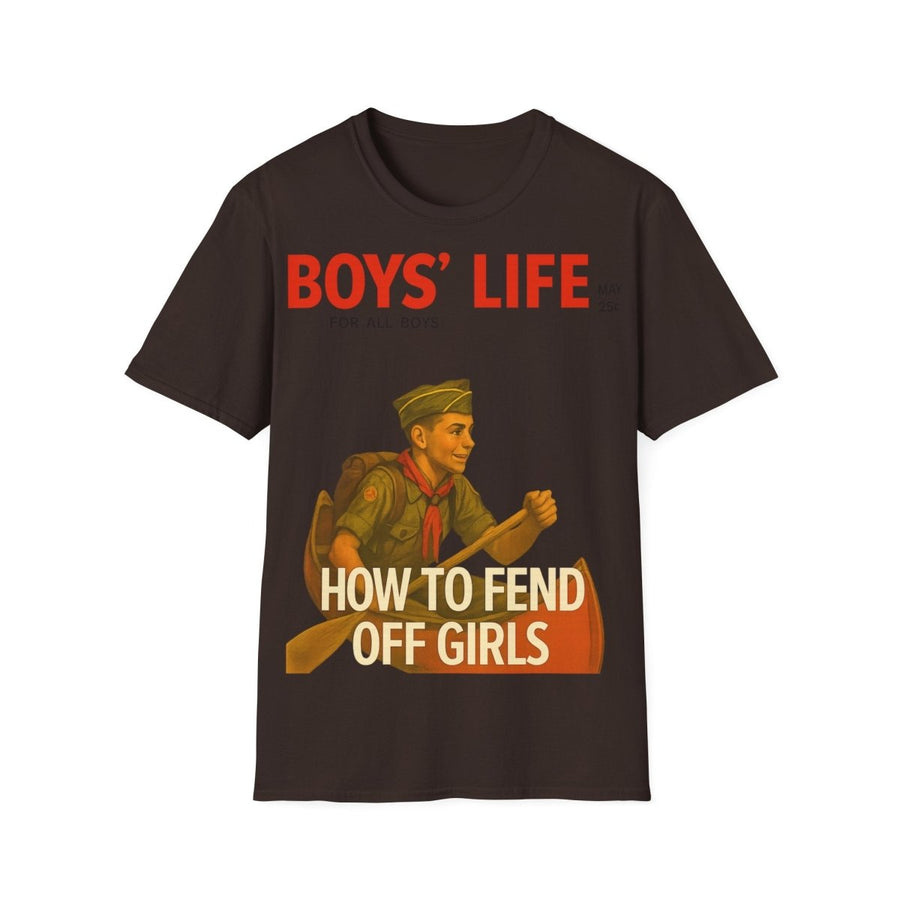 Charcoal T-Shirt mit Schriftzug Boys-Life How-to-Fend-Off-Girls im Vintage-Poster-Stil mit Pfadfinder-Motiv für Männer.