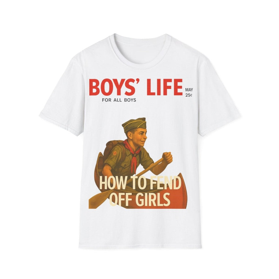 Weisses T-Shirt mit Schriftzug Boys-Life How-to-Fend-Off-Girls im Retro-Poster-Stil der 1950er Jahre fuer Maenner.