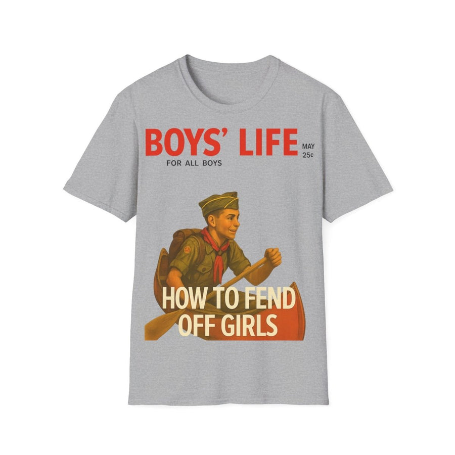 Graumeliertes T-Shirt mit Schriftzug Boys-Life How-to-Fend-Off-Girls im Retro-Poster-Stil mit Vintage-Pfadfinder-Motiv fuer Nostalgiker.