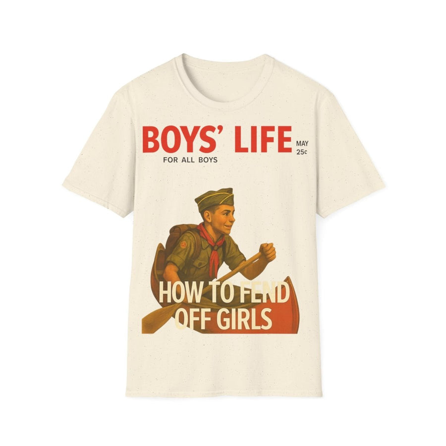 Cremefarbenes T-Shirt mit Schriftzug Boys-Life How-to-Fend-Off-Girls im Retro-Poster-Stil der 1950er Jahre fuer Maenner mit Hang zu Vintage-Humor.