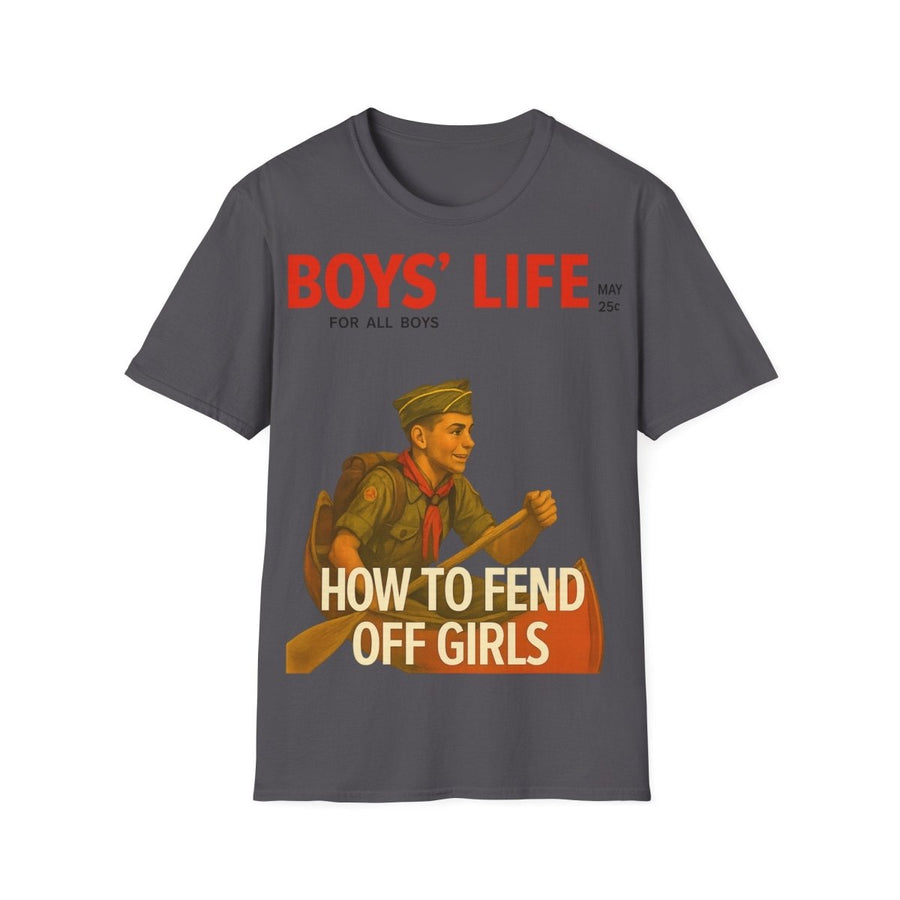 Charcoal T-Shirt mit Schriftzug Boys Life How to Fend Off Girls im Vintage-Poster-Stil mit Scout-Motiv fuer Maenner.