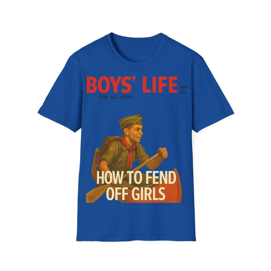 Blaues T-Shirt mit Schriftzug Boys Life How to Fend Off Girls im Vintage-Poster-Stil mit Scout-Motiv fuer Nostalgie-Liebhaber.