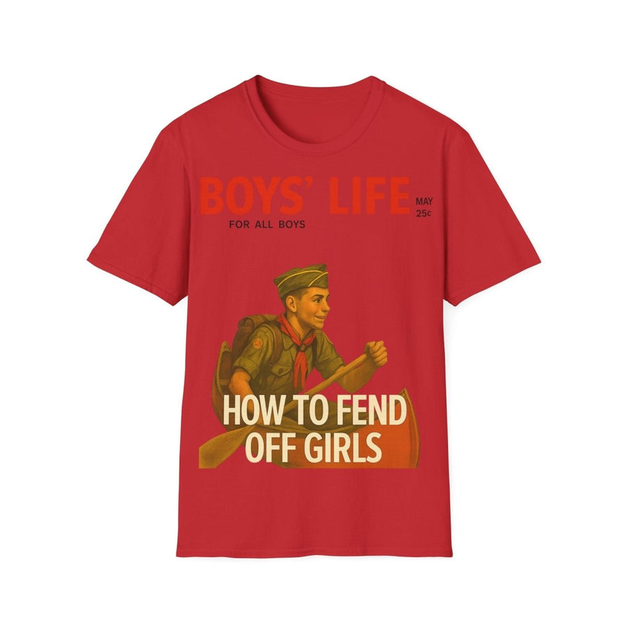 Rotes T-Shirt mit Schriftzug How-to-Fend-Off-Girls und Pfadfinderillustration im Retro-Poster-Stil aus den 1950ern fuer Nostalgie-Liebhaber.