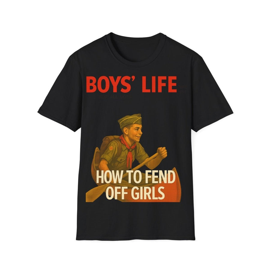 Schwarzes T-Shirt mit Schriftzug Boys-Life How-to-Fend-Off-Girls im Retro-Poster-Stil mit Pfadfinder-Motiv fuer Maenner.
