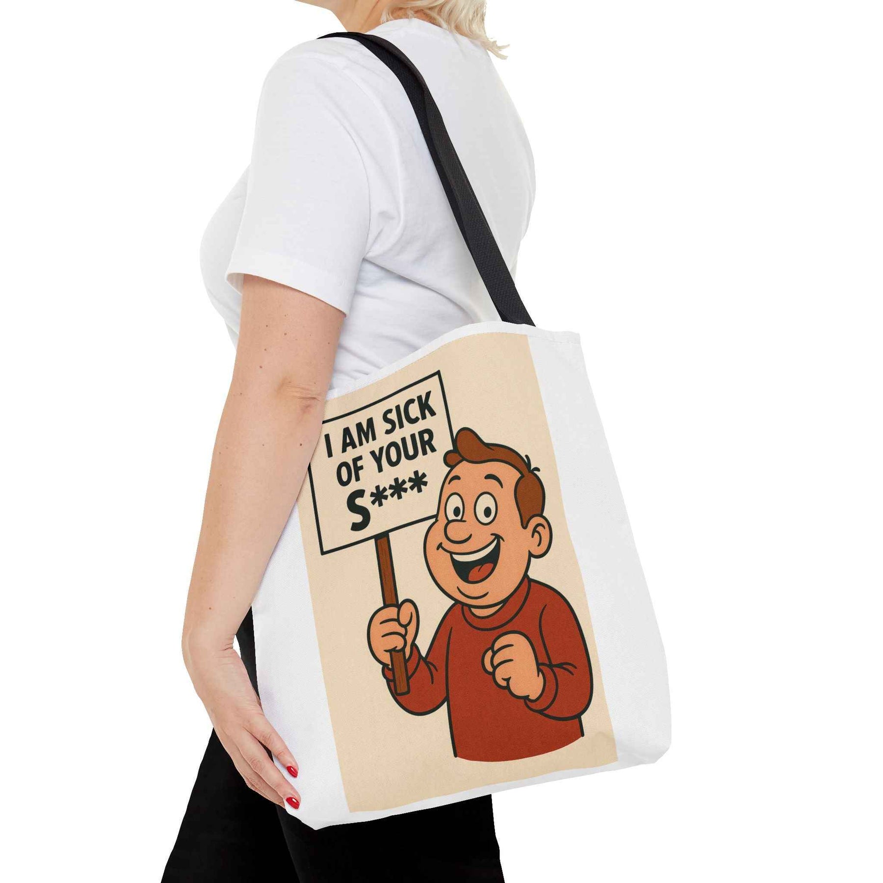Frontansicht einer schwarzen Tote Bag mit Retro-Comicfigur, die ein zensiertes Protestplakat hochhält, True Insights.
