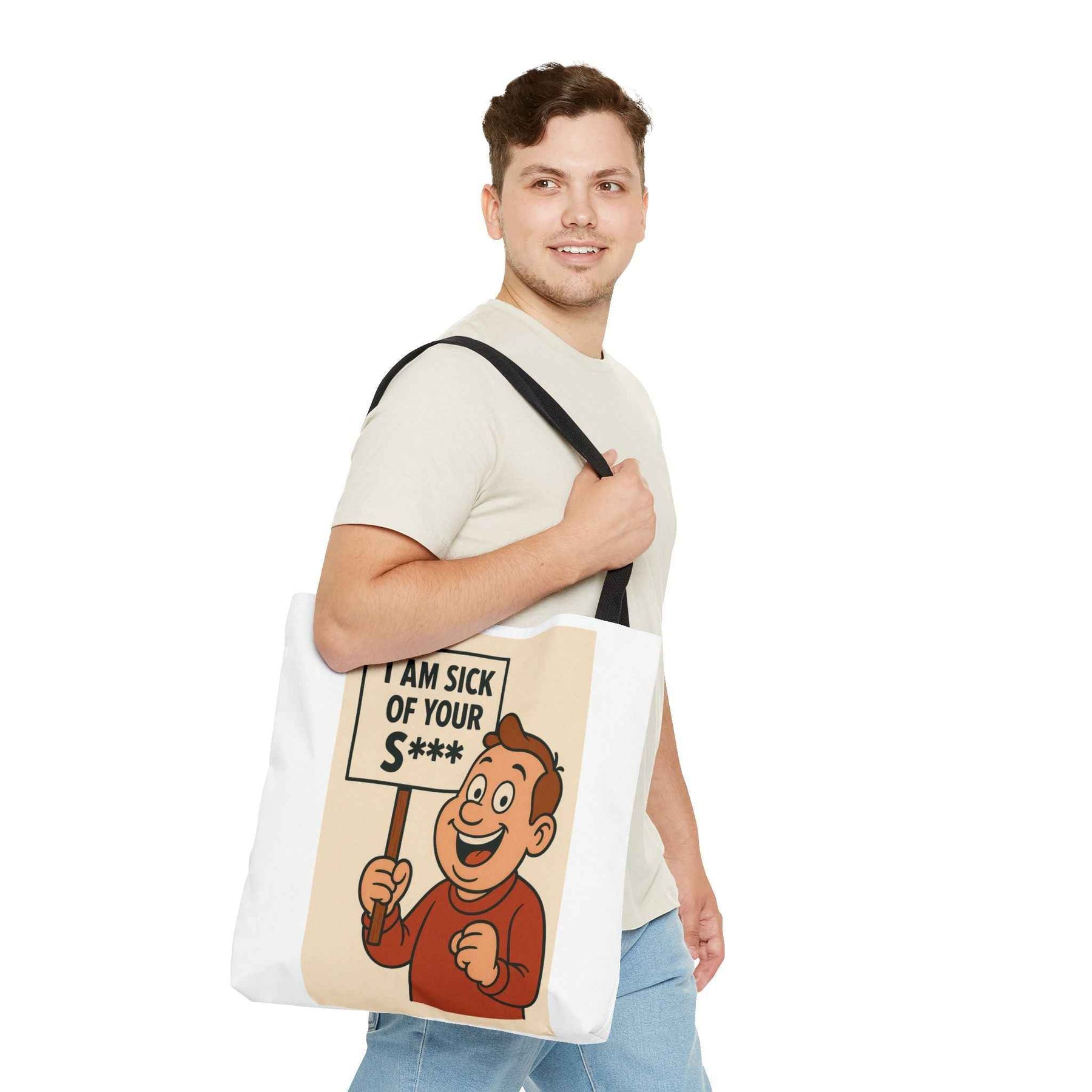 Frontansicht einer schwarzen Tote Bag mit Retro-Comicfigur, die ein Protestplakat mit zensiertem Slogan zeigt, True Insights.