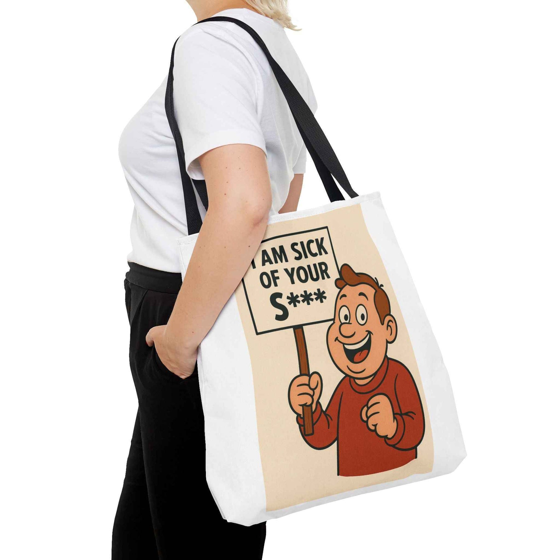Frontansicht einer schwarzen Tote Bag mit Retro-Comic-Charakter, der ein Protestplakat mit zensiertem Slogan zeigt, True Insights.