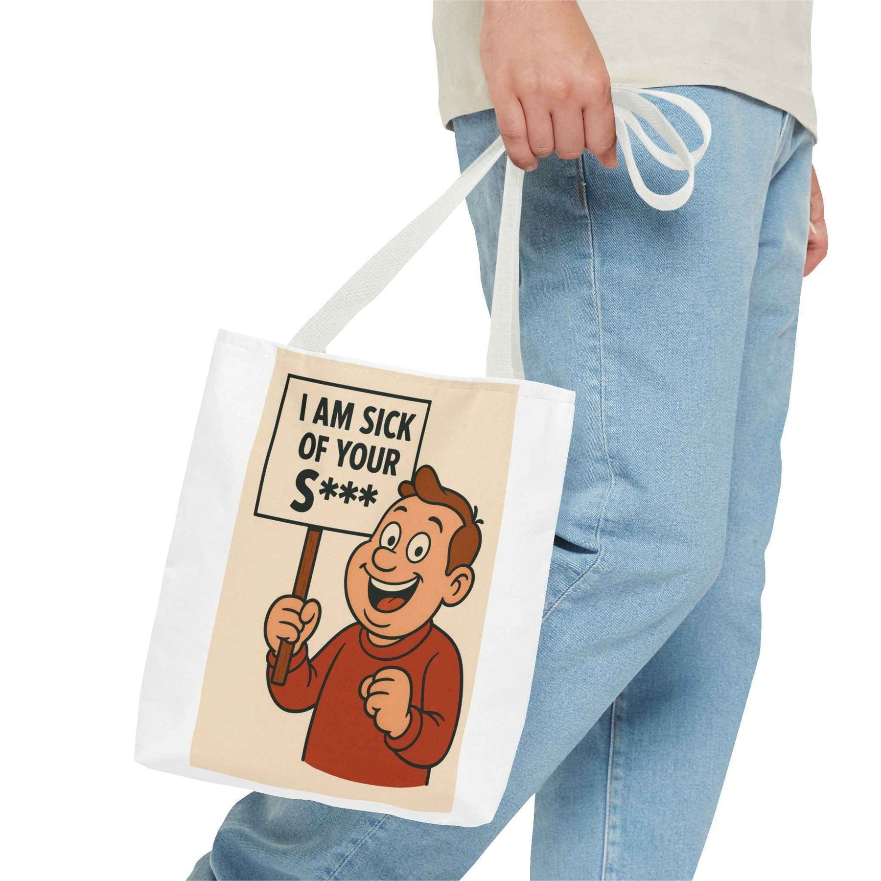 Schwarze Tote Bag in Frontansicht mit Retro-Comic: lachender Cartoon hält Protestplakat mit zensierter Botschaft, True Insights.