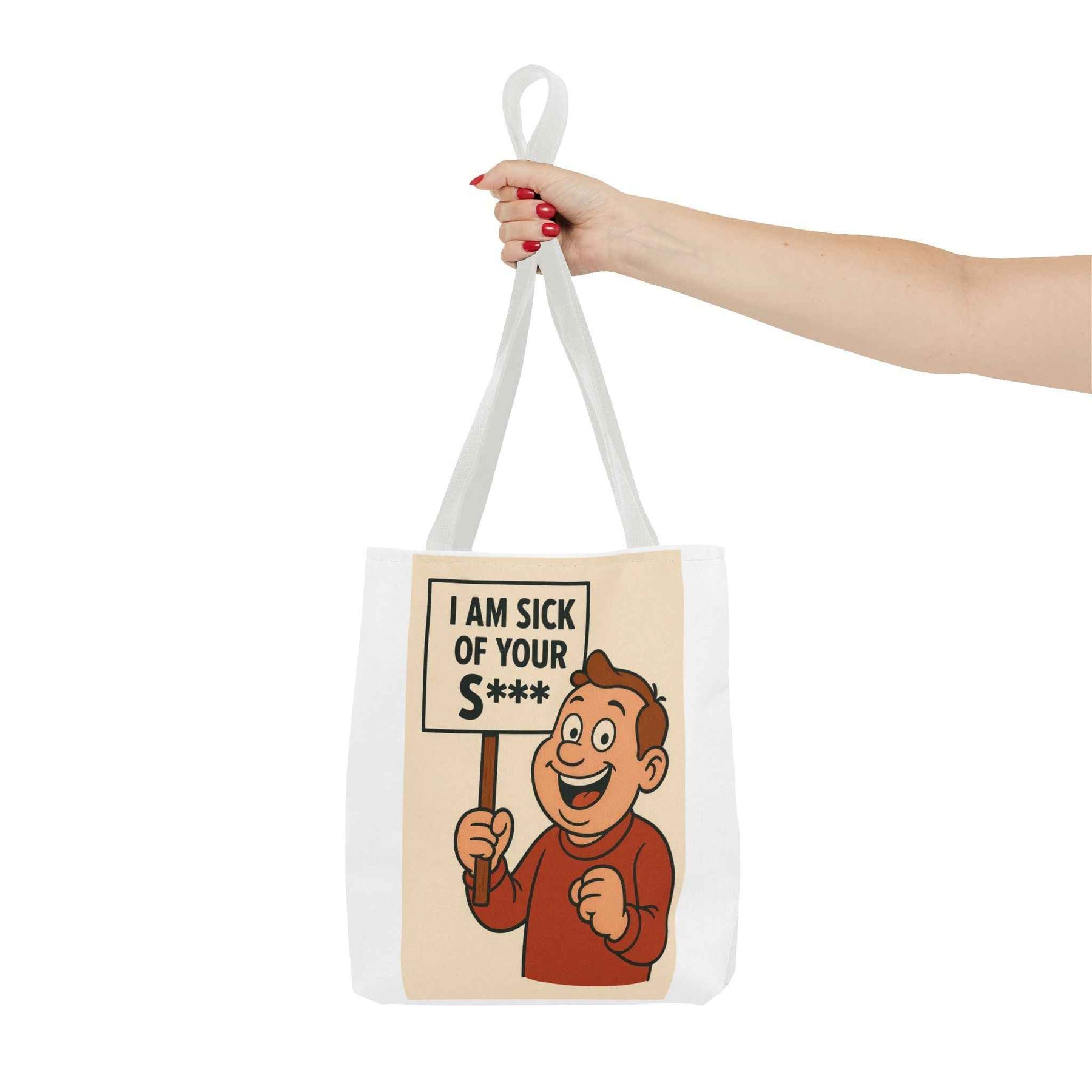 Nahaufnahme einer schwarzen Tote Bag mit Retro-Comic-Motiv und zensiertem Protestplakat in Frontansicht, True Insights.