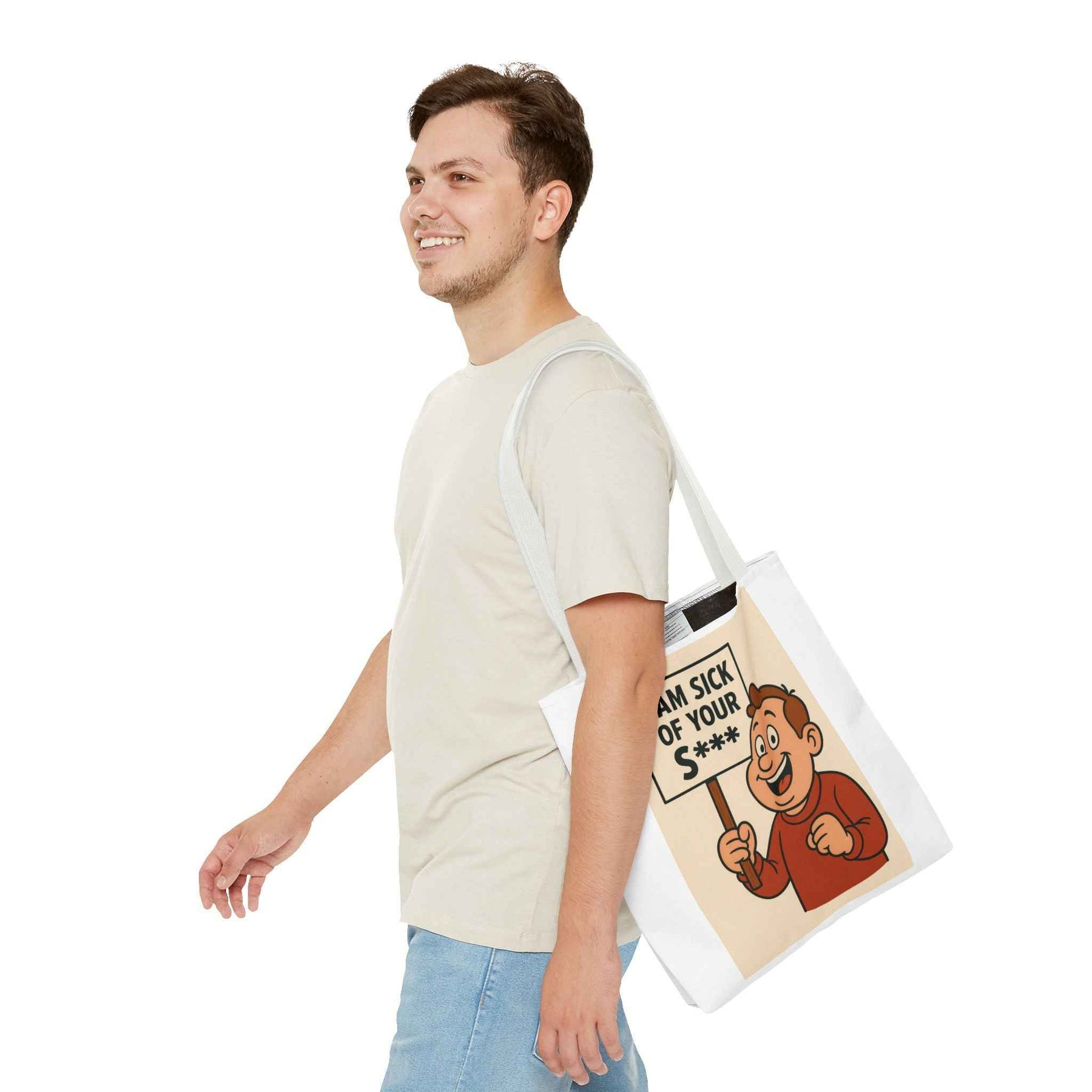 Frontansicht einer schwarzen Tote Bag mit Retro-Comicfigur, die ein protestierendes Plakat mit zensiertem Slogan zeigt, True Insights