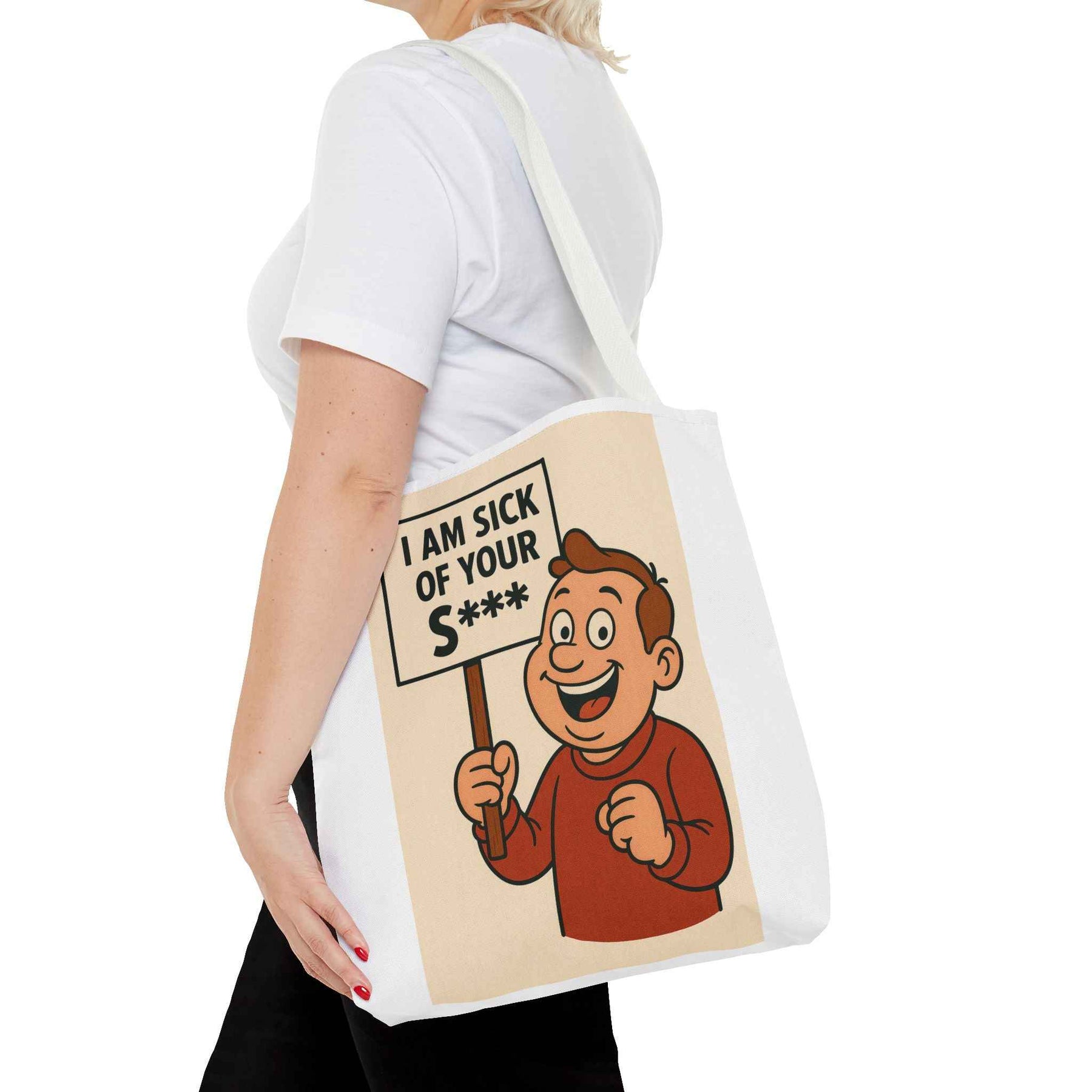 Schwarze Tote Bag in Frontansicht mit retro Comic-Charakter, der ein Protestplakat mit zensierter Botschaft zeigt, True Insights.
