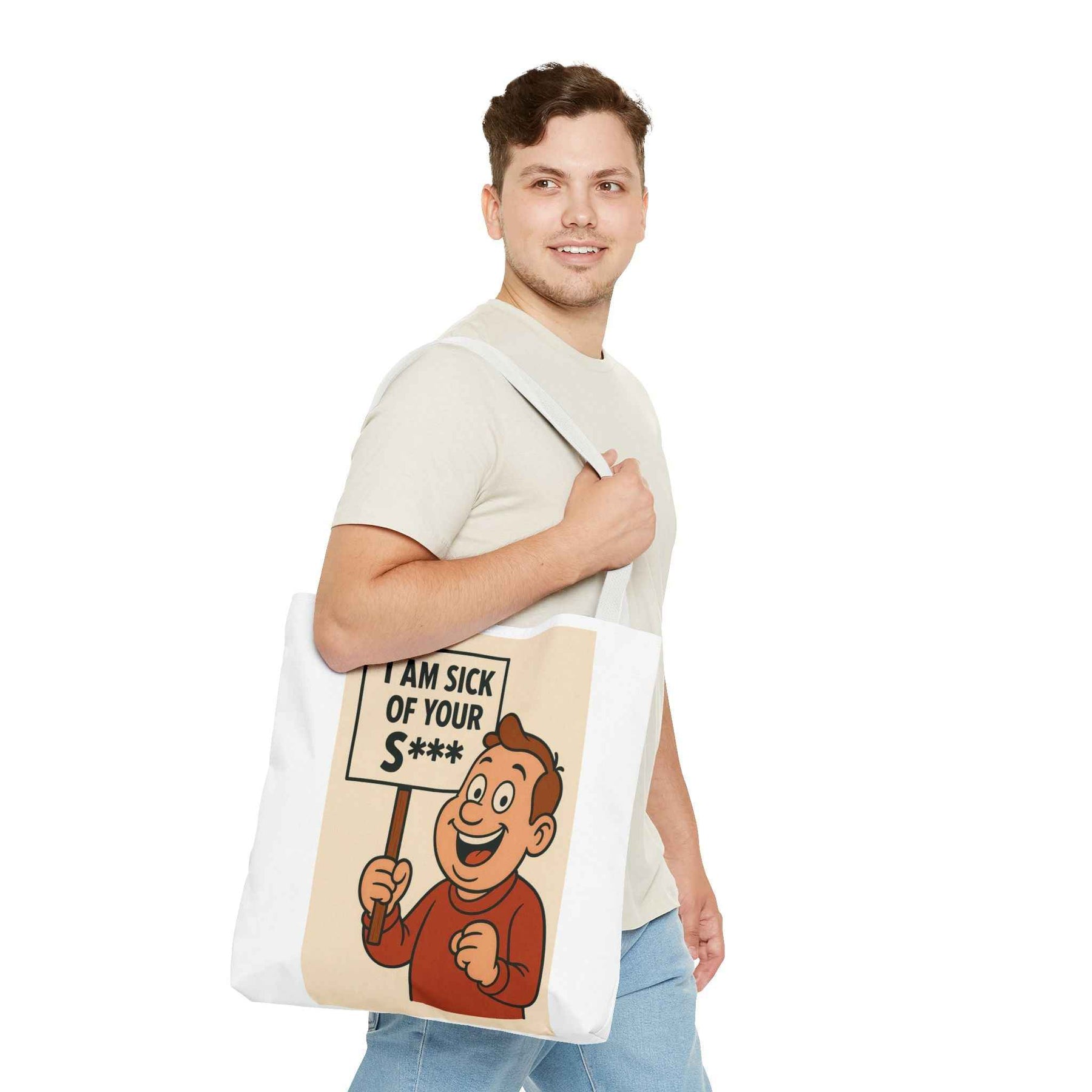 Frontansicht einer schwarzen Tote Bag mit Retro-Comicfigur, die ein Plakat hält und zensierte Aufschrift zeigt, True Insights.