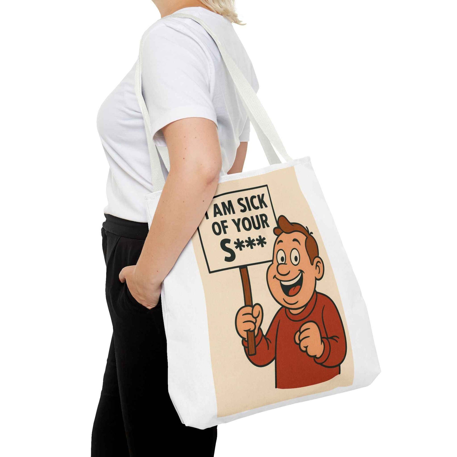 Schwarze Tote Bag in Frontansicht mit Retro-Comic-Motiv: Cartoon-Figur hält zensiertes Protestplakat, True Insights.