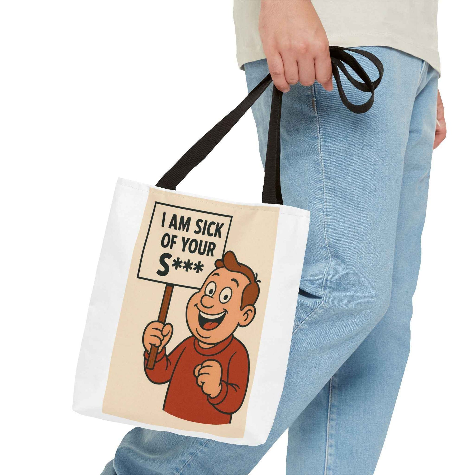 Schwarze Tote Bag in Frontansicht mit Retro-Comicfigur, die ein Protestplakat mit zensierter Botschaft hält True Insights.