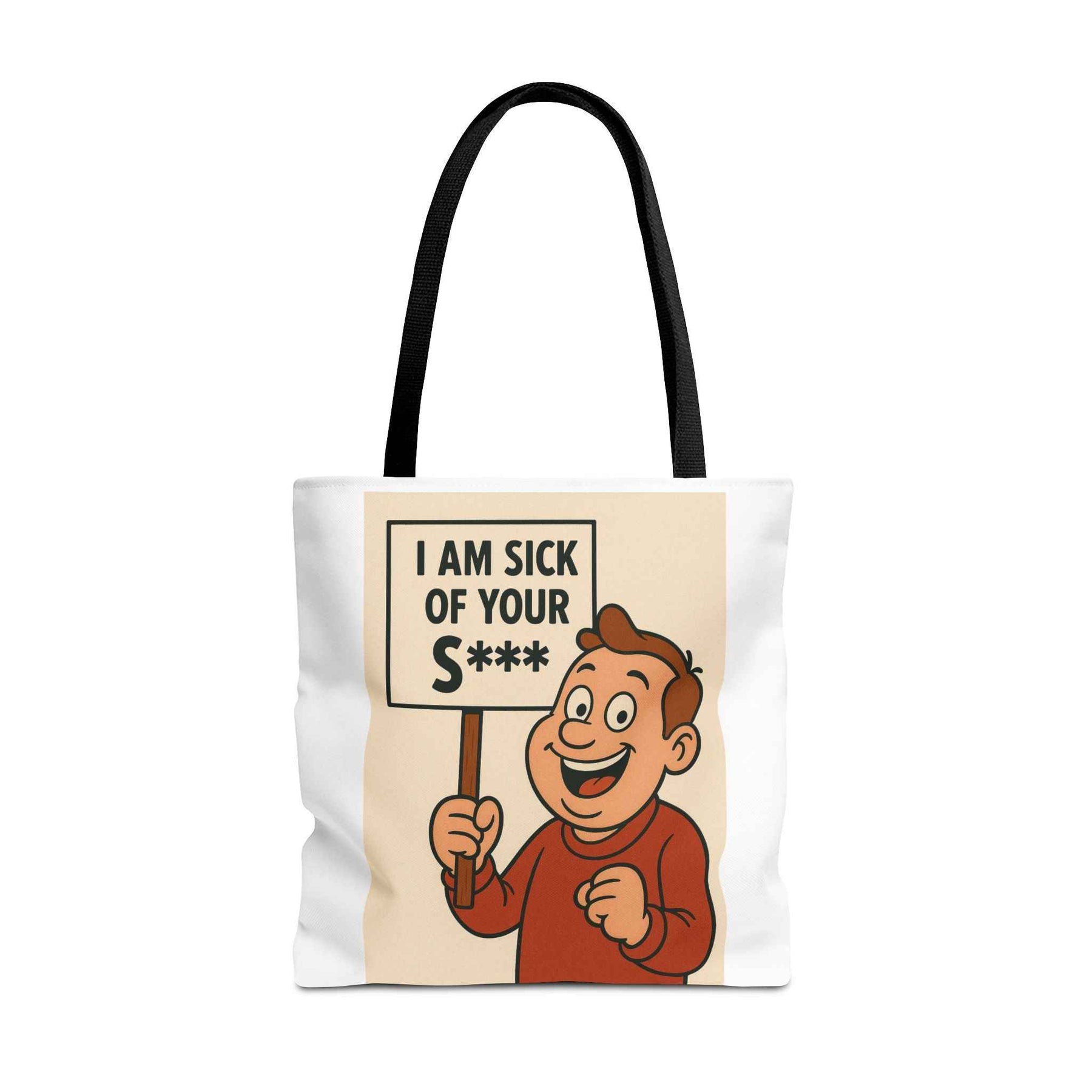 Eine schwarze Tote Bag in Frontansicht zeigt ein Retro-Comic mit lächelnder Figur und Protestplakat, True Insights.