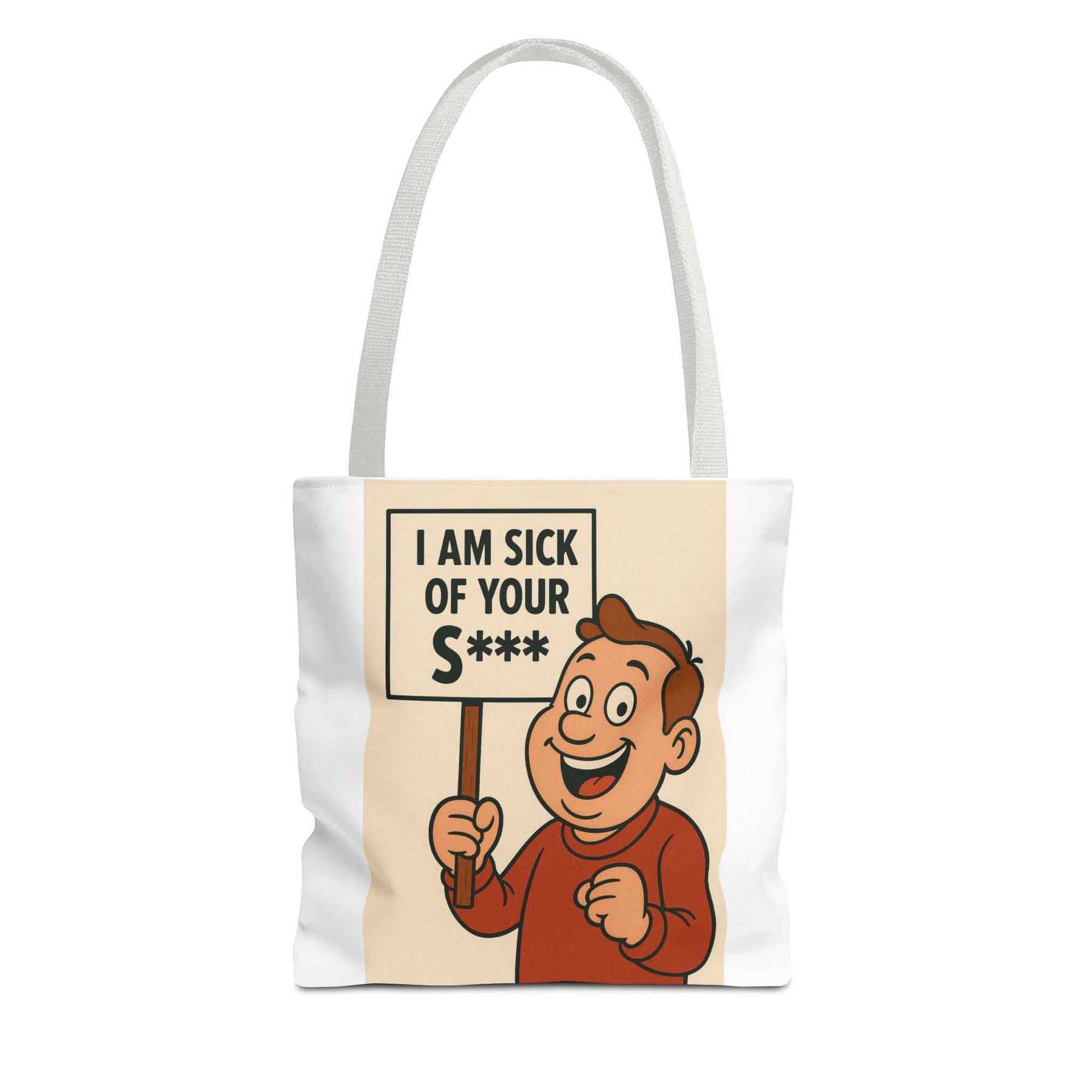 Vorderansicht einer schwarzen Tote Bag mit Retro-Comic-Motiv: ein grinsender Charakter hält ein Protestplakat hoch, True Insights.
